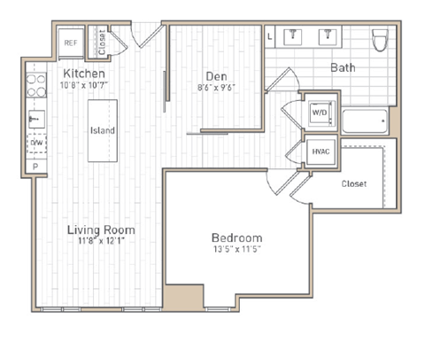 Floor plan for 1 bed, 1 bath, 877 sqft